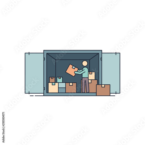 Logistics worker loading cardboard boxes into a shipping container