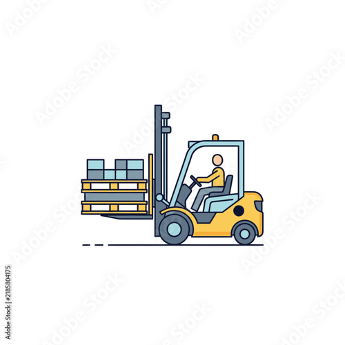 Yellow forklift truck with driver carrying cargo on pallets