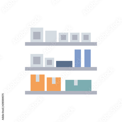 Flat warehouse inventory icon with shelves and boxes