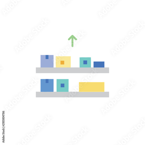 Warehouse storage shelves with colorful boxes and growth arrow icon