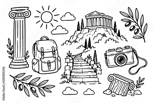 Greek Travel and Architecture Doodle Icon Set – Black and White Line Art of Temple, Columns, Olive Branches, Camera, and Backpack