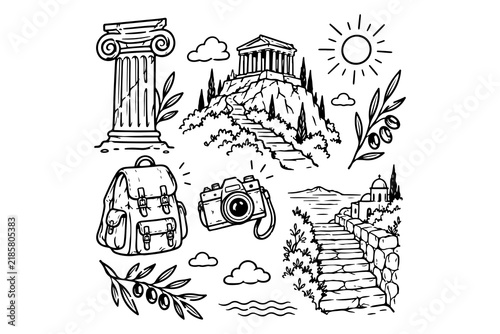 Greek Travel and Heritage Doodle Icon Set – Black and White Line Art of Temple, Olive Branches, Camera, Backpack, and Sun