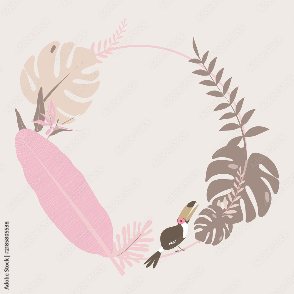Fototapeta premium Rose gold botanical frame with tropical leaves and toucan bird