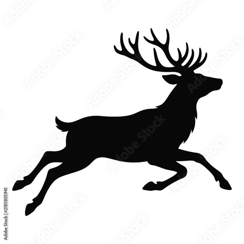 Christmas Day, Running deer silhouette with large antlers, jumping stag vector illustration, black reindeer profile for hunting and nature logos isolated on White Background