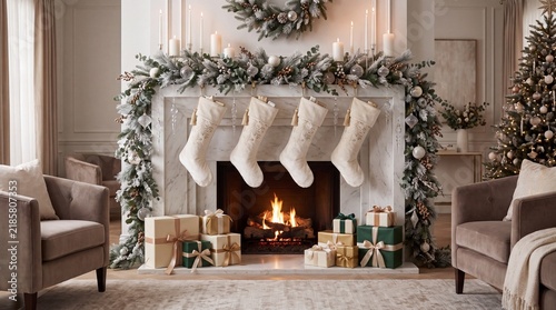 Elegant Christmas Living Room Interior Featuring a Warm Glowing Fireplace Decorated with Festive Stockings and Wrapped Gift Boxes