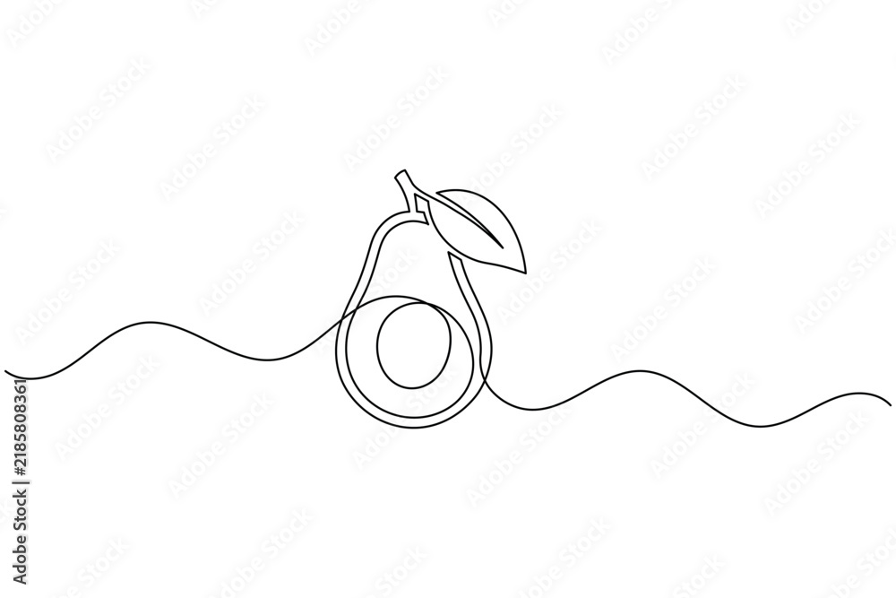 Obraz premium Avocado fruit with stem and leaf continuous one line drawing minimalist outline vector illustration