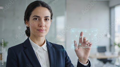 Businesswoman using futuristic virtual interface. Professional woman touching glowing digital hologram screen in modern office environment