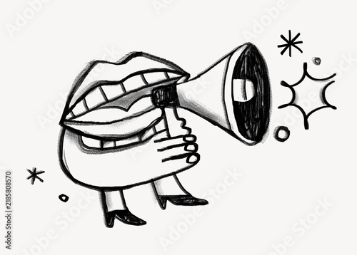 Lips speaking to megaphone, announcement doodle