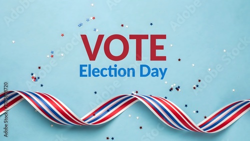 Vote Election Day text with patriotic ribbon and star confetti on blue background. US voting and democracy concept