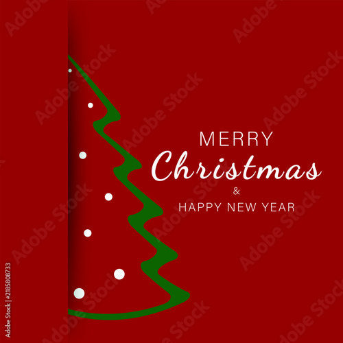 Festive Christmas and New Year greeting card with green Christmas tree, white ornaments and elegant typography on a red background. Vector illustration.