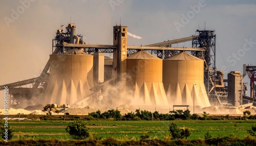 Industrial complex with large silos and dust clouds, reflecting industrial activity and manufacturing processes.