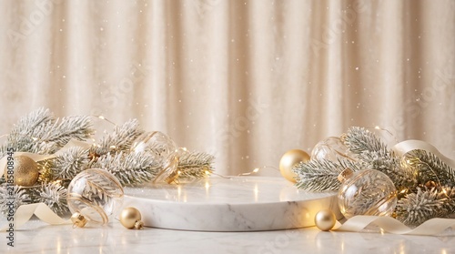 Elegant Christmas display with baubles and pine branches on a marble podium against a soft fabric backdrop, creating a luxurious festive scene