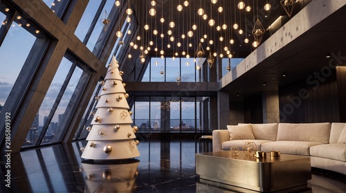 Luxurious Penthouse Living Room Decorated with Modern Christmas Tree and Elegant Hanging Lights
