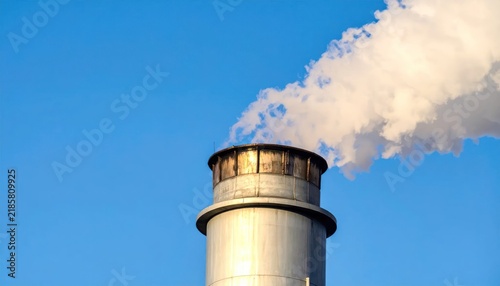 Industrial chimney emitting thick white smoke against a clear blue sky
