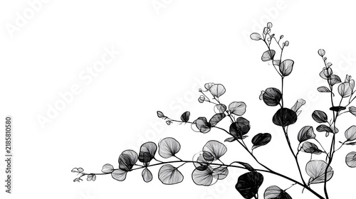 Minimalistic Black Ink Eucalyptus Line-Art on White
