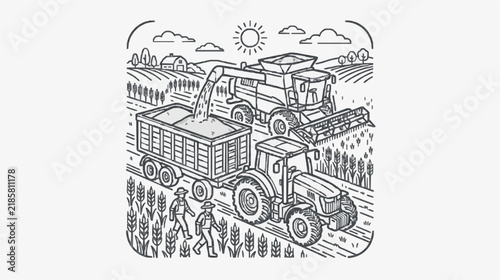 Harvesting Scene with Combine Harvester and Farm Workers in Wheat Field