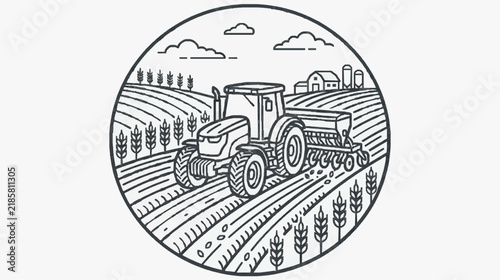 Harvesting Combine Working in Wheat Field with Farm Silos