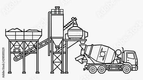 Concrete Mixer Truck Loading from Industrial Batch Plant Setup