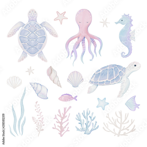 Underwater world clipart with sea animals whale, turtle, seahorse, starfish, shells, coral. Hand drawn watercolor illustration.