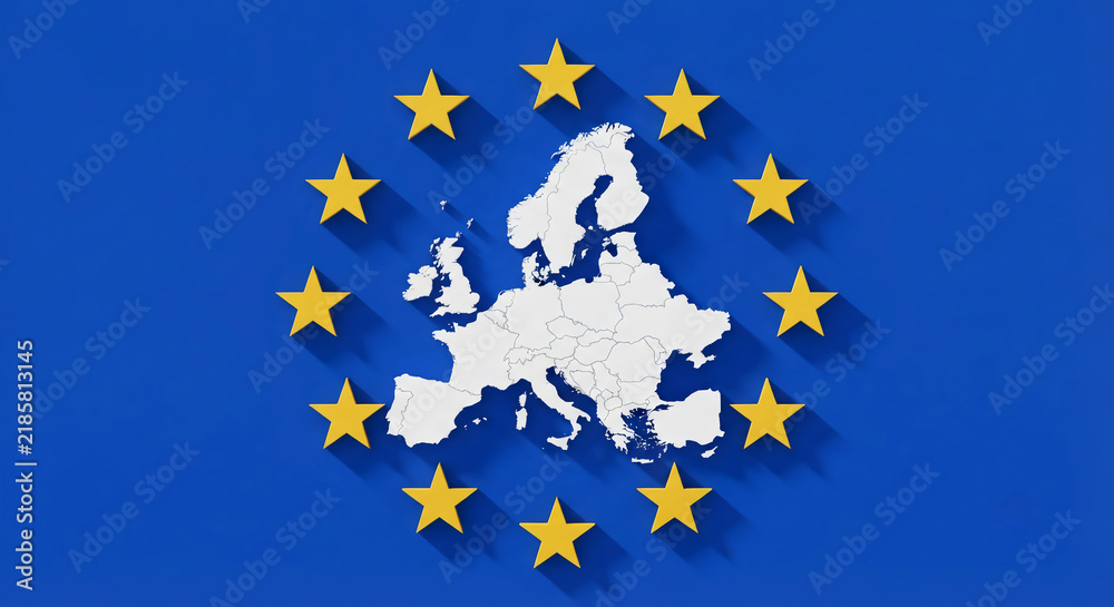 Obraz premium A white map of Europe surrounded by a ring of twelve yellow stars on a solid blue background, styled with a distinct 3D drop-shadow effect. UE concept map.
