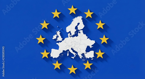A white map of Europe surrounded by a ring of twelve yellow stars on a solid blue background, styled with a distinct 3D drop-shadow effect. UE concept map.