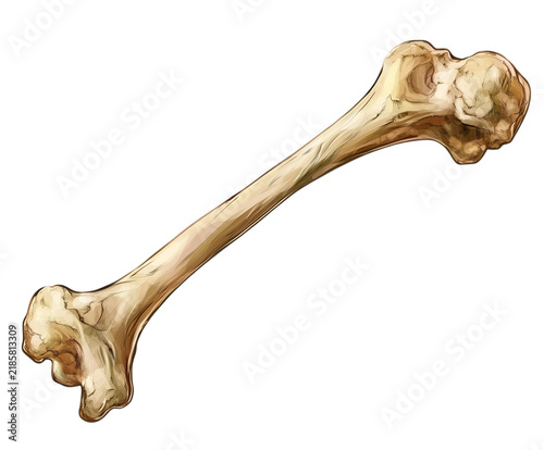 Detailed illustration of a large animal bone, isolated, representing prehistoric times, strength, or a scientific concept for learning, isolated on transparent background