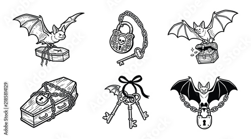 Set of gothic illustrations with bats, coffins, padlocks and keys