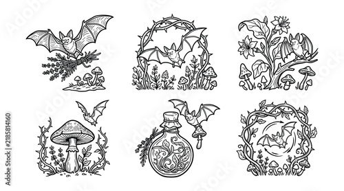 Set of cute bats with mushrooms and magical plants