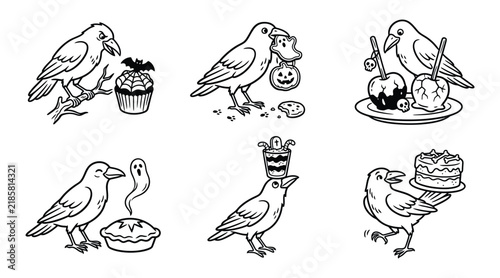Set of cute halloween crows with festive treats and spooky desserts