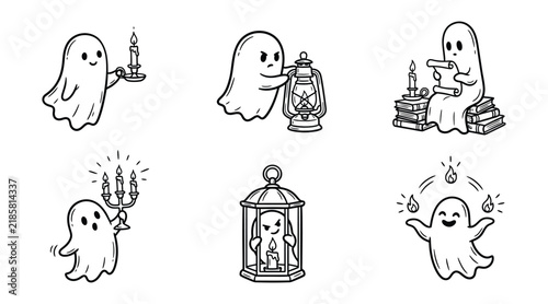 Cute ghost characters with candles and lanterns set