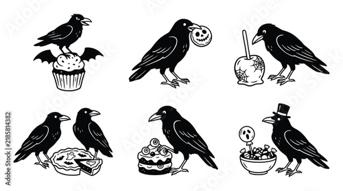Set of cute halloween crows with festive treats and sweets