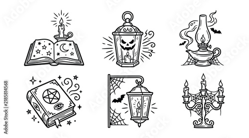Set of hand drawn halloween mystical elements with books and lanterns
