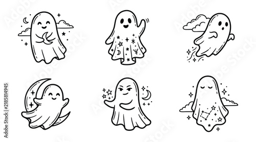 Set of cute celestial ghosts with stars and moons