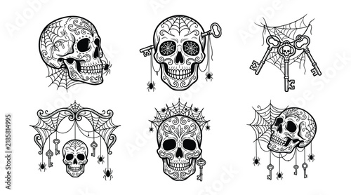 Set of sugar skulls with spider webs and keys