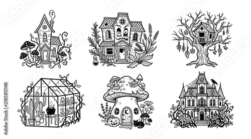 Set of hand drawn spooky halloween houses and magical dwellings