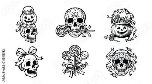 Set of halloween skulls and candy illustrations
