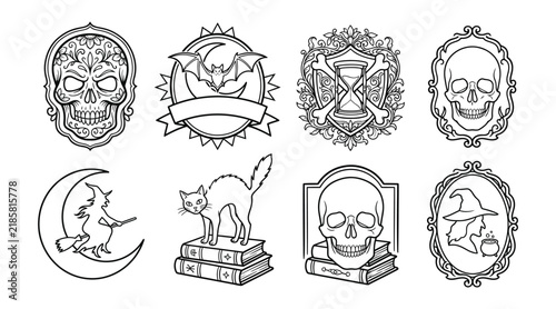 Set of halloween vector illustrations with skulls, witch, cat, and bat