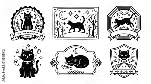 Set of black cat illustrations for halloween badges and emblems