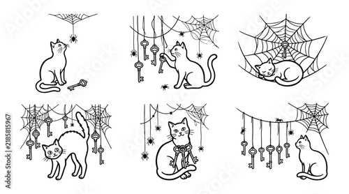 Set of cute cats with vintage keys and spider webs
