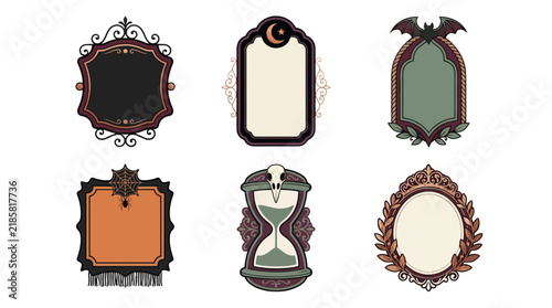 Vintage Halloween Frames Set, Retro Ornamental Borders Collection, Decorative Gothic Design Elements with Bats, Moon, Sandglass, Wreath, Witch Hat isolated PNG with Transparent Background