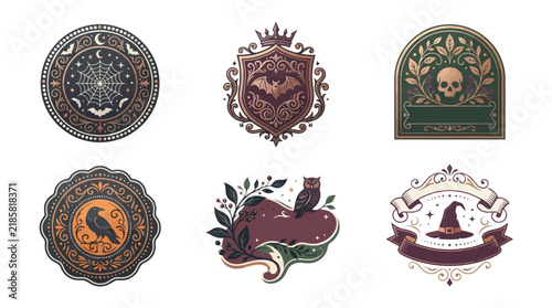 Halloween emblem set, spooky badge collection, witch hat and skull vector labels, vintage magical seal, dark fantasy crest illustration design isolated PNG with Transparent Background Halloween