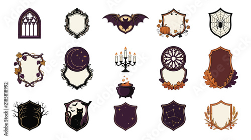 Vintage Halloween Badge Collection. 18 Retro Witch, Moon, Bat, Skull Crests. Purple Brown Vector Frames for Occult Logo, Game Textures, Party Invitations isolated PNG with Transparent Background