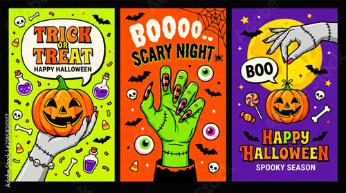 Foto Spooky hand holding glowing jack-o-lantern with trick or treat text and candy for happy Halloween celebration