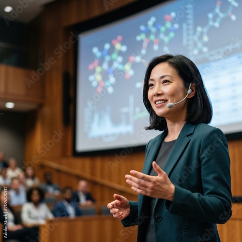 Woman speaker on stage presenting chemical structures