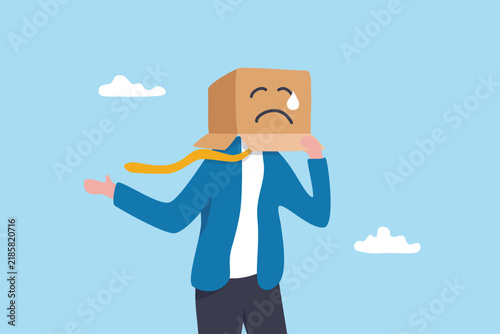 Emotional sadness, sorrowful or anxiety employee, stress or depression due to work struggle, pain or pressure, metal illness suffering, business with sadness crying box on his negative feeling.