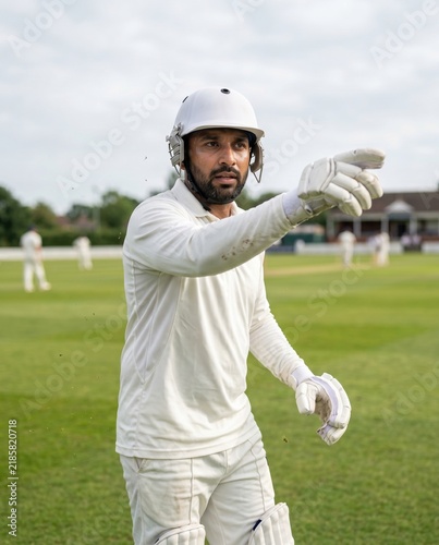 South Asian cricketer in white uniform pointing on field