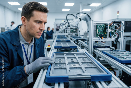Quality control inspector examining circuit boards on assembly line