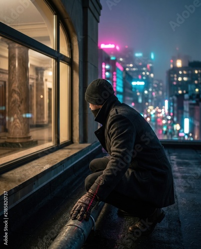 Person with laser crouching on wet urban rooftop at night