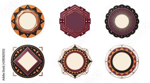 Ethnic Tribal Vector Frames, Vintage Ornamental Borders, Aztec Hexagonal and Circular Labels, Vintage Native Badge Set isolated PNG with Transparent Background Halloween , Editable EPS
