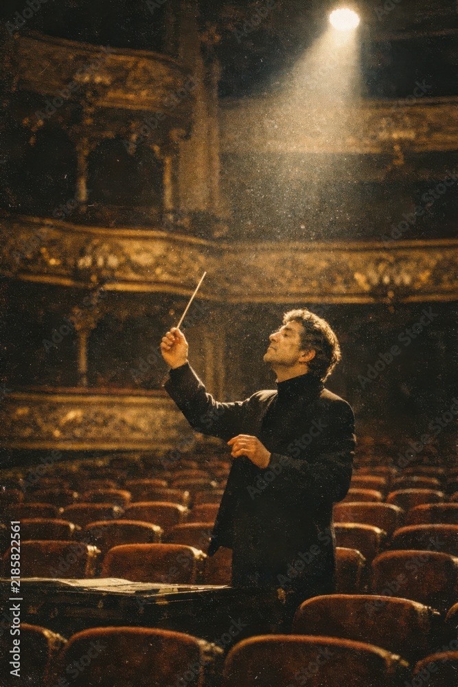 Obraz premium Solitary maestro rehearses conducting gestures among rows of vintage velvet seats